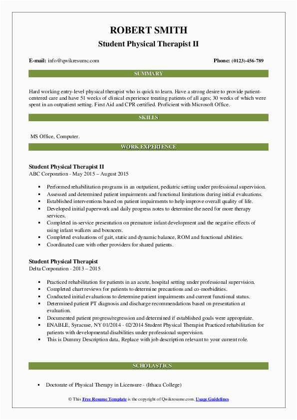 Sample Resume for Physical therapy Students Student Physical therapist Resume Samples