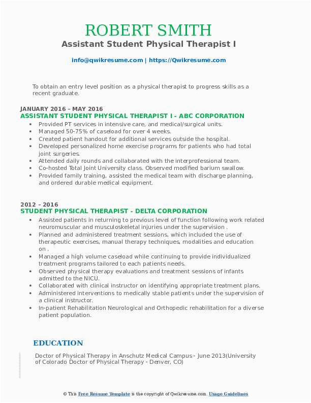 Sample Resume for Physical therapy Students Student Physical therapist Resume Samples