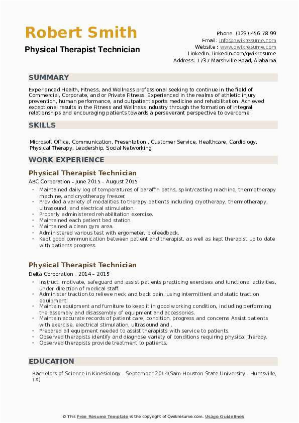 Sample Resume for Physical therapy Technician Physical therapist Technician Resume Samples