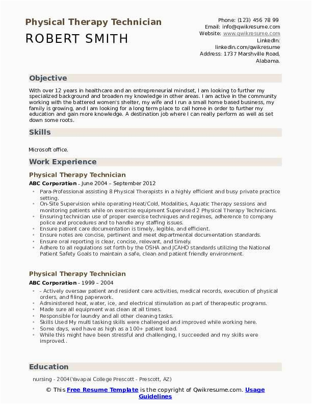 Sample Resume for Physical therapy Technician Physical therapy Technician Resume Samples