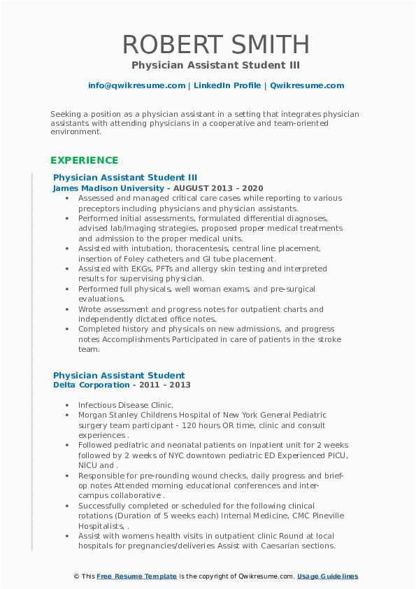 Sample Resume for Physician assistant Student Physician assistant Student Resume Samples