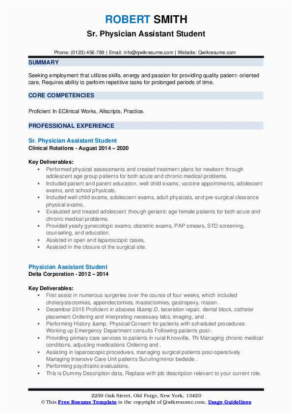 Sample Resume for Physician assistant Student Physician assistant Student Resume Samples