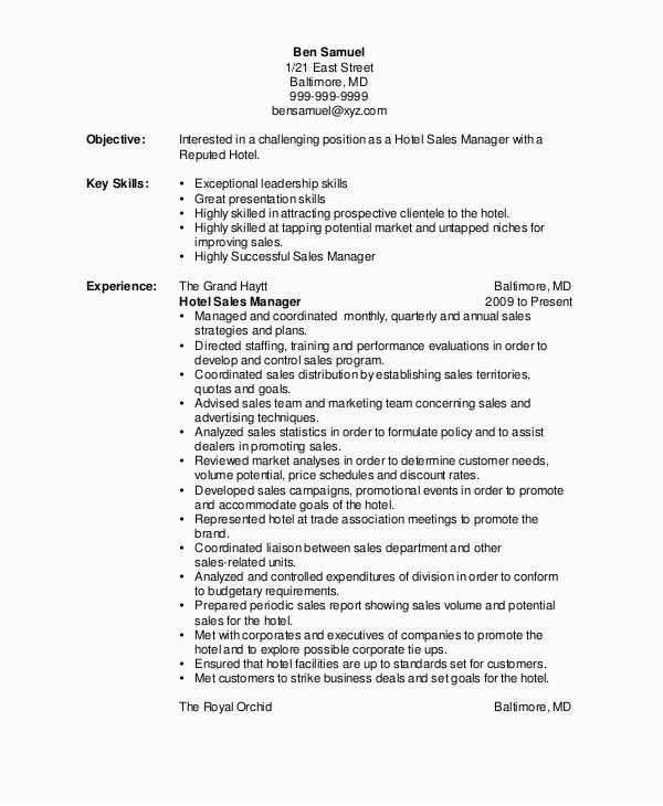 Sample Resume for Sales Manager In Hotel Sales Resume Example 7 Free Word Pdf Documents Downlaod