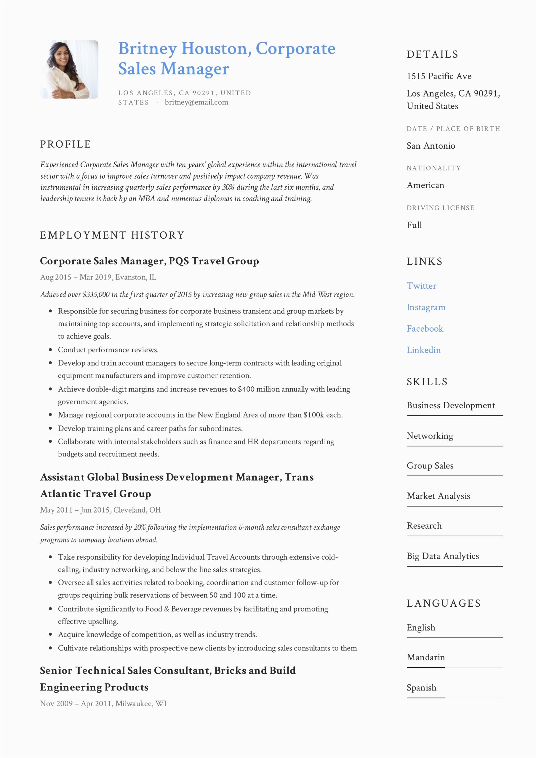 Sample Resume for Sales Manager Job Corporate Sales Manager Resume & Writing Guide