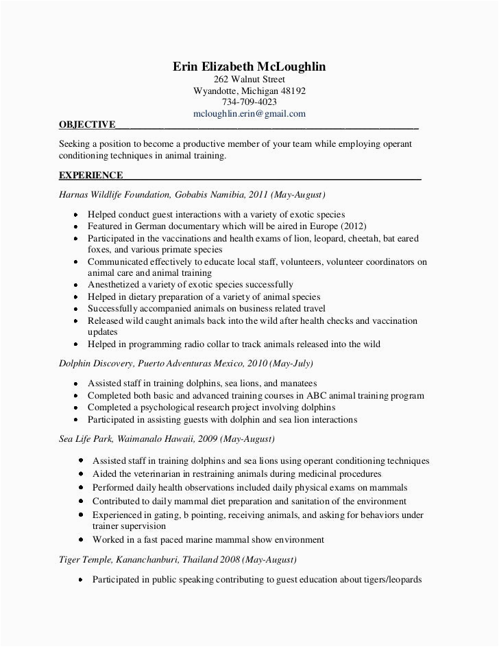 Sample Resume for the Dolphin Trainer Erin Final Training Resume