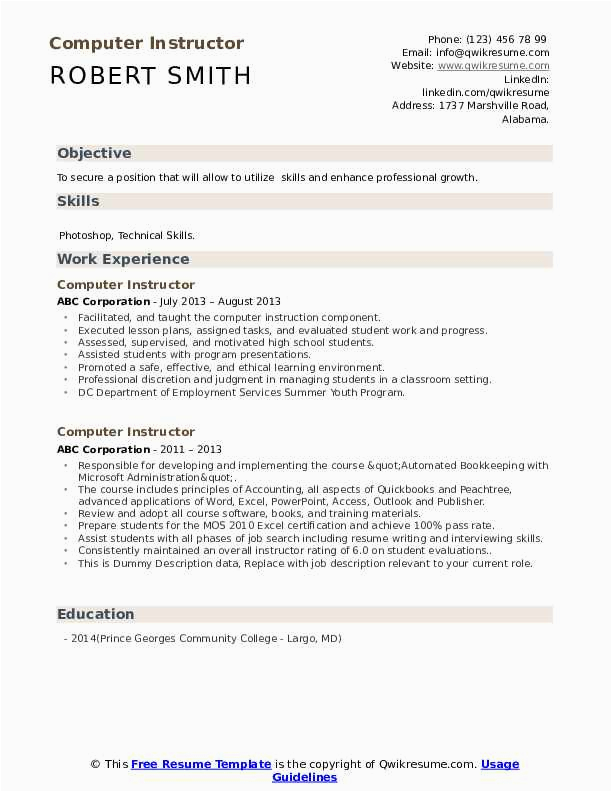 Sample Resume for the Post Of Computer Teacher Puter Instructor Resume Samples