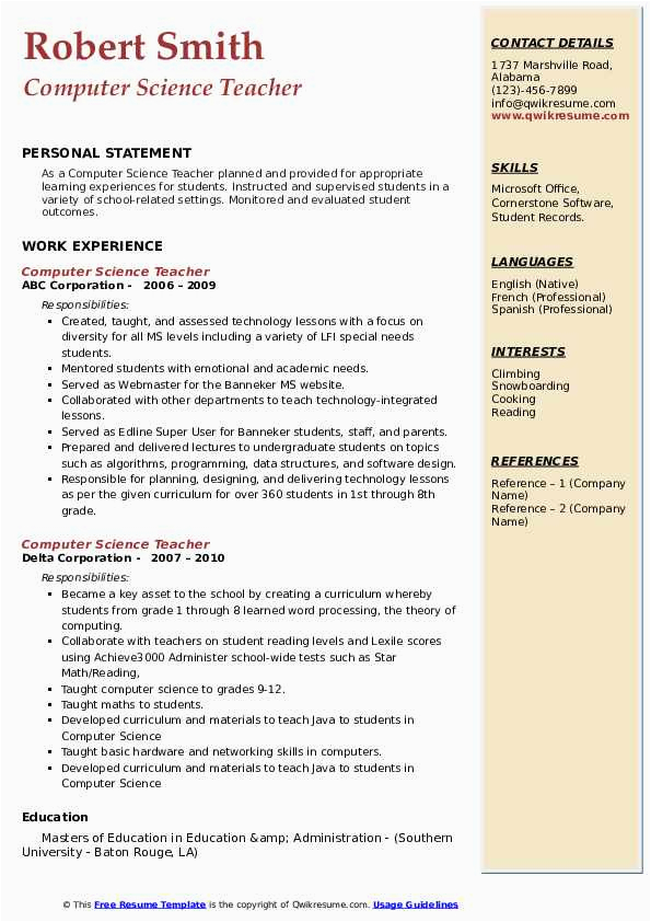 Sample Resume for the Post Of Computer Teacher Puter Science Teacher Resume Samples