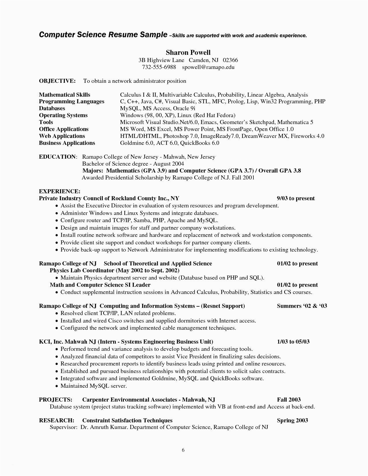 Sample Resume for the Post Of Computer Teacher Puter Science Undergraduate Resume Unique Sample Resume for Puter