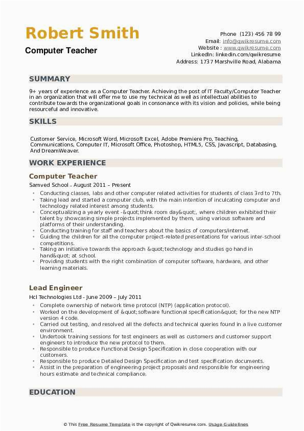 Sample Resume for the Post Of Computer Teacher Puter Teacher Resume Samples