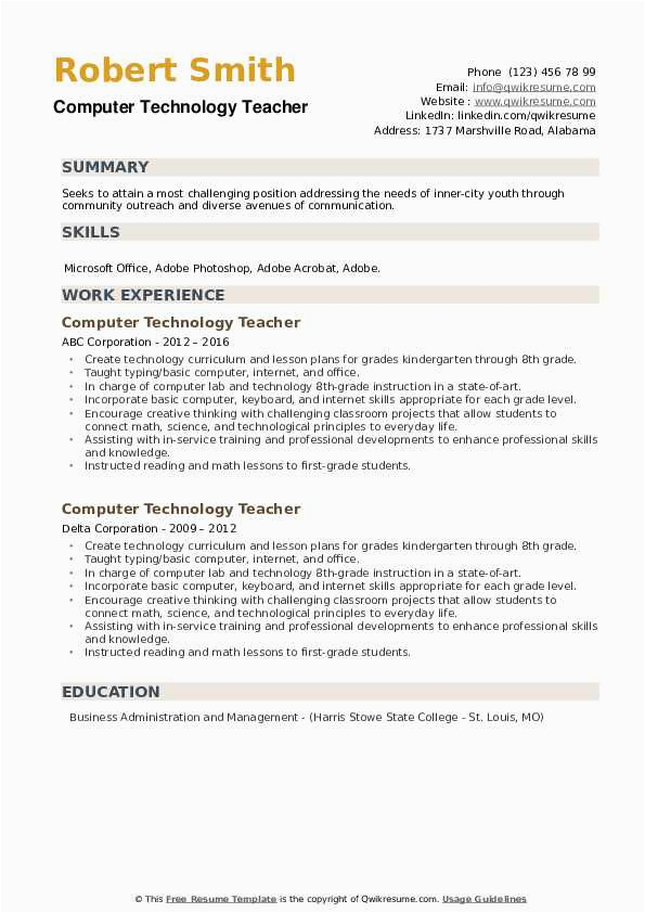 Sample Resume for the Post Of Computer Teacher Puter Technology Teacher Resume Samples