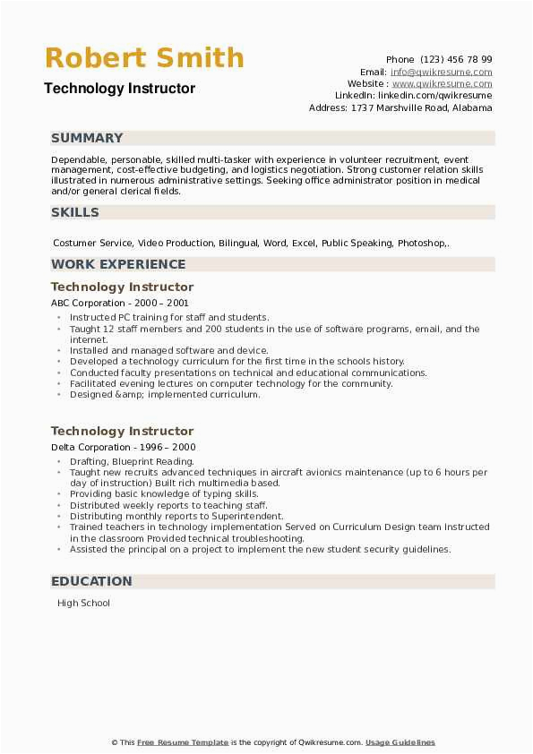 Sample Resume for the Post Of Computer Teacher Technology Instructor Resume Samples