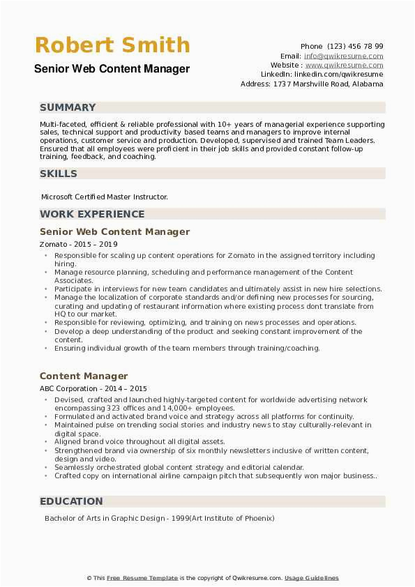 Sample Resume for Web Content Manager Content Manager Resume Samples