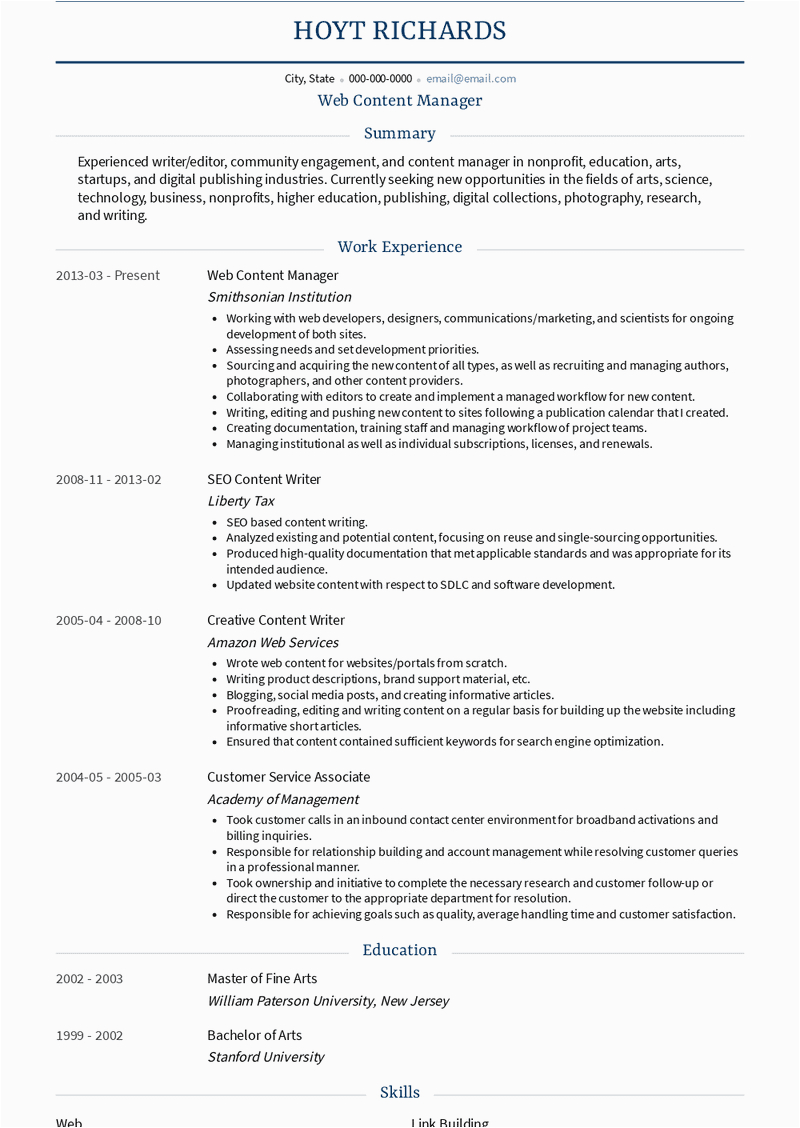 Sample Resume for Web Content Manager Web Content Manager Resume Samples and Templates