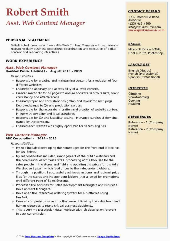 Sample Resume for Web Content Manager Web Content Manager Resume Samples