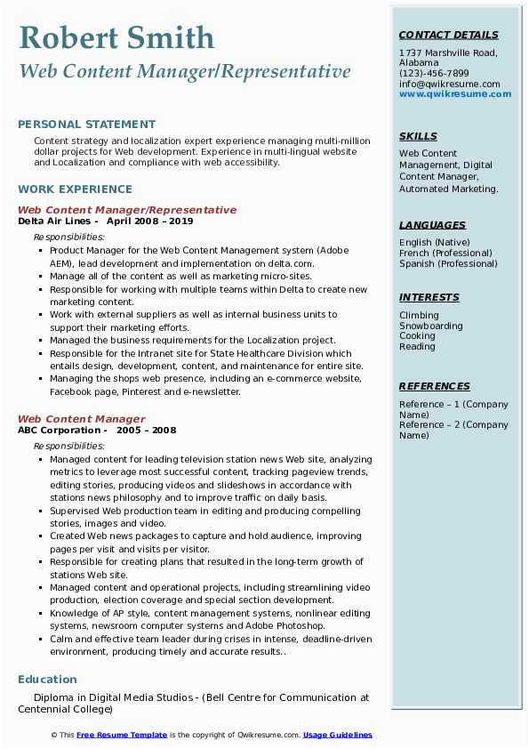 Sample Resume for Web Content Manager Web Content Manager Resume Samples
