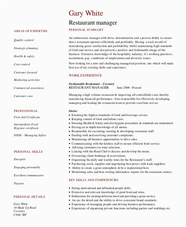 Sample Resume format for Restaurant Manager Restaurant Manager Resume Template 10 Free Word Pdf Document