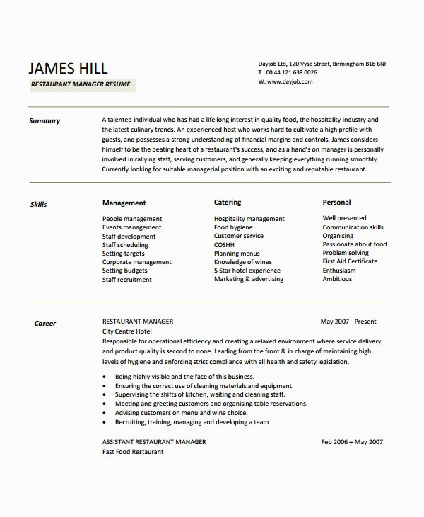 Sample Resume format for Restaurant Manager Restaurant Manager Resume Template 10 Free Word Pdf Document