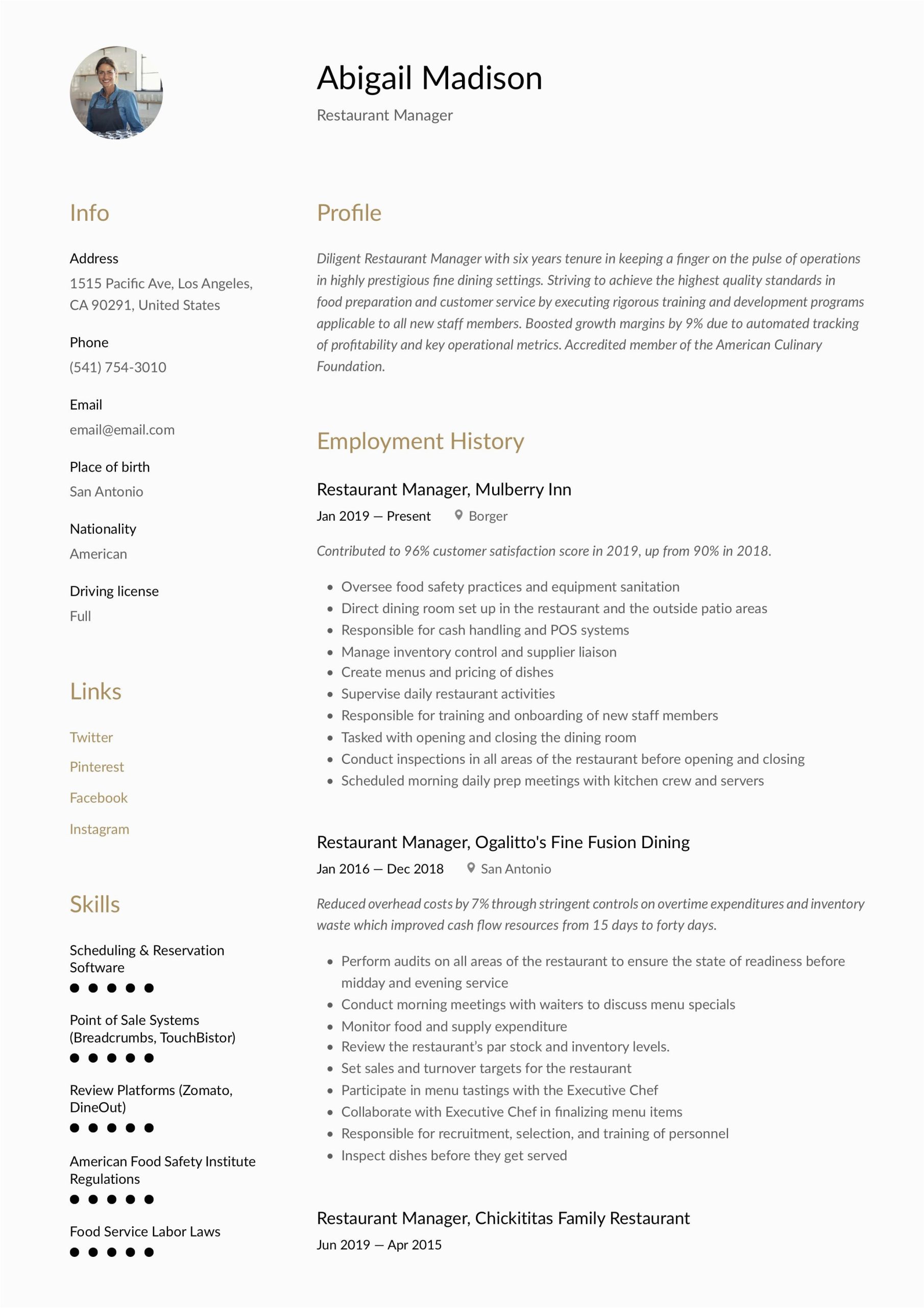 Sample Resume format for Restaurant Manager Restaurant Manager Resume Template