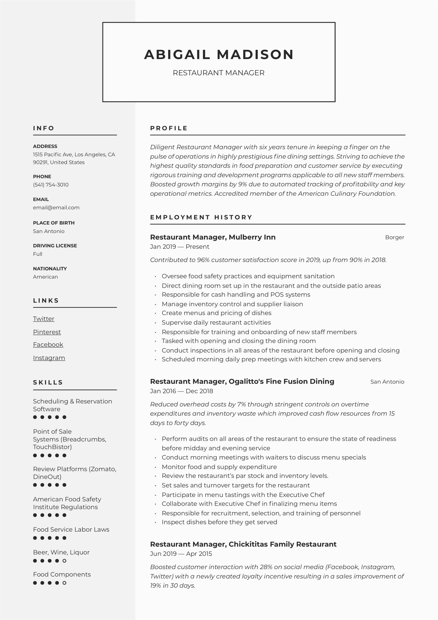 Sample Resume format for Restaurant Manager Restaurant Manager Resume & Writing Guide 12 Examples