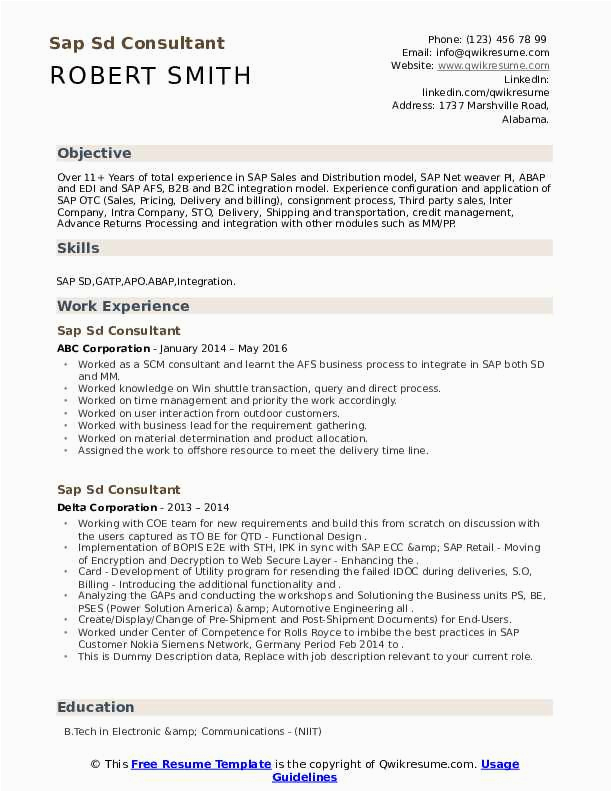 Sample Resume format for Sap Sd Consultant Sap Sd Consultant Resume Samples