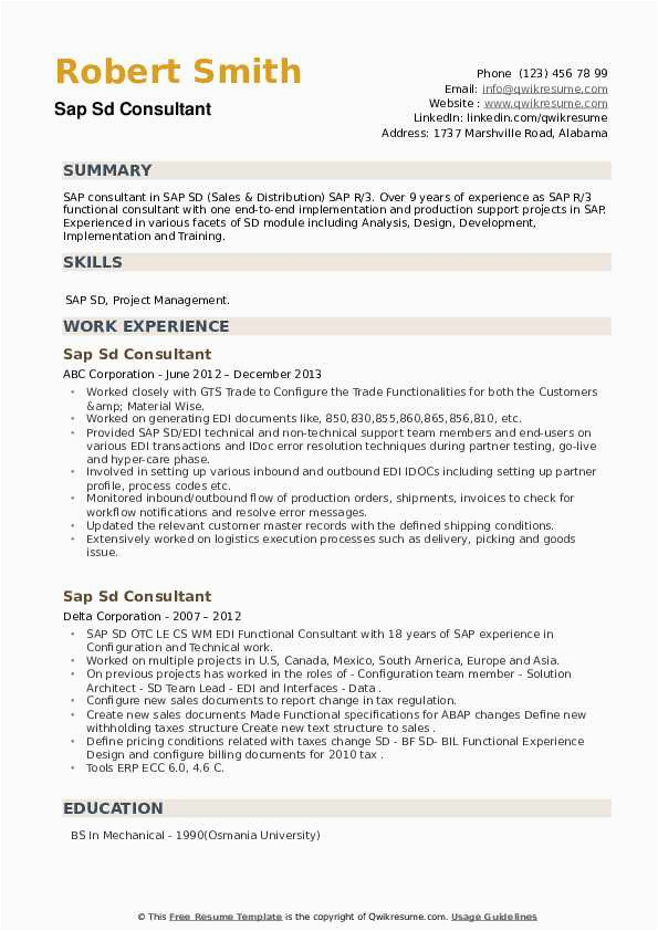 Sample Resume format for Sap Sd Consultant Sap Sd Consultant Resume Samples