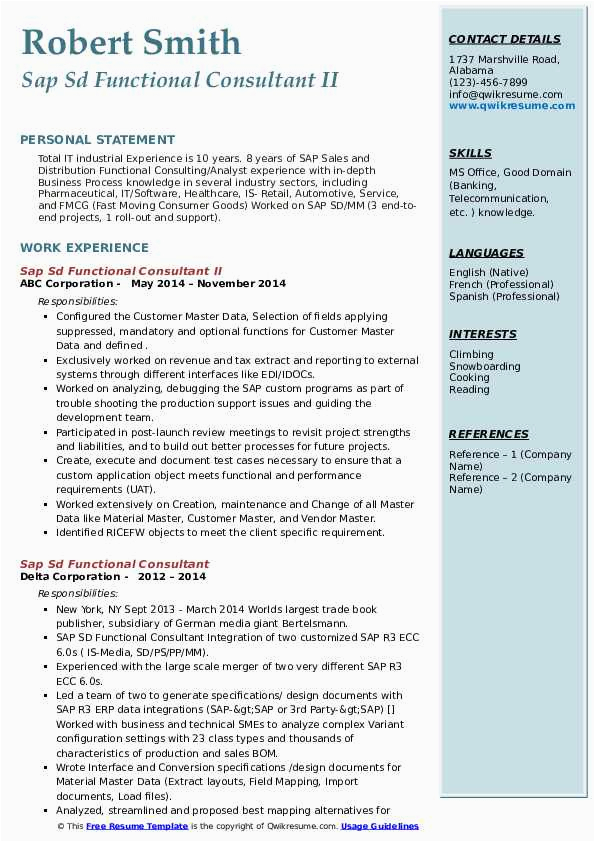 Sample Resume format for Sap Sd Consultant Sap Sd Functional Consultant Resume Samples