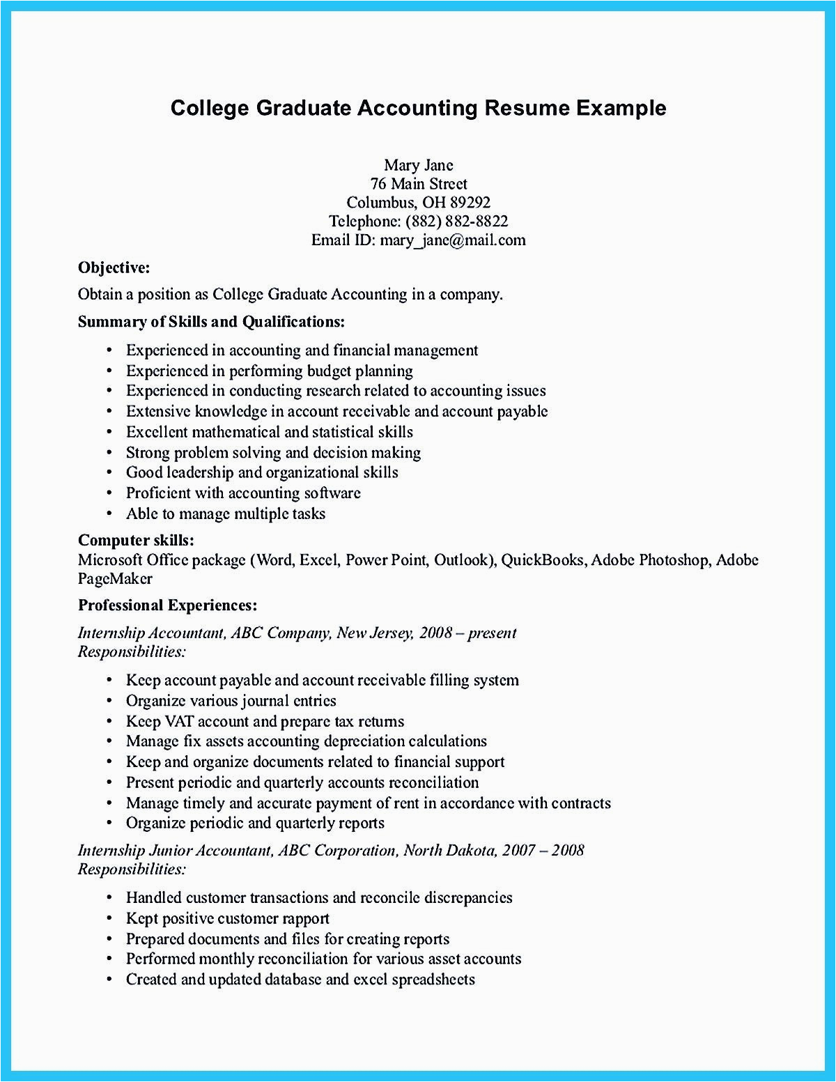 Sample Resume Fresh Graduate Accounting Student Pin On Resume Examples