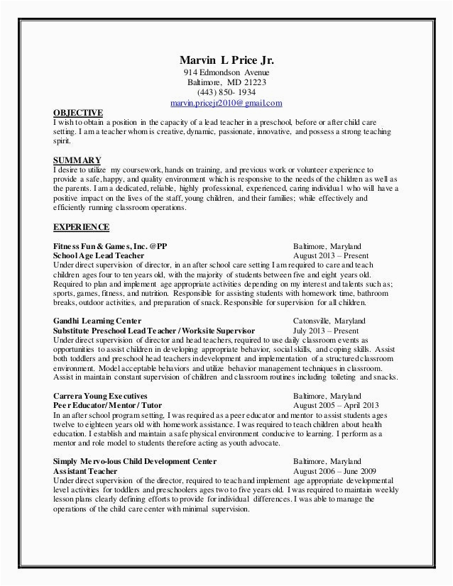 Sample Resume Objective for Child Care Child Care Resume 2014
