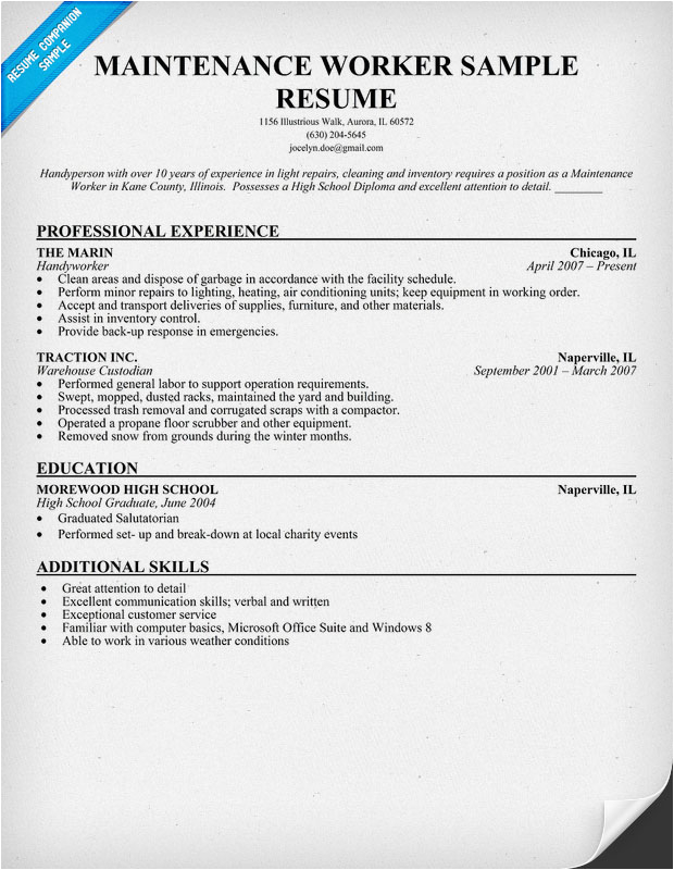 Sample Resume Objective for Maintenance Worker Maintenance Worker Resume Sample