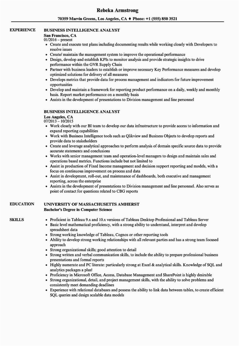 Sample Resume Of Business Intelligence Analyst Business Intelligence Analyst Resume