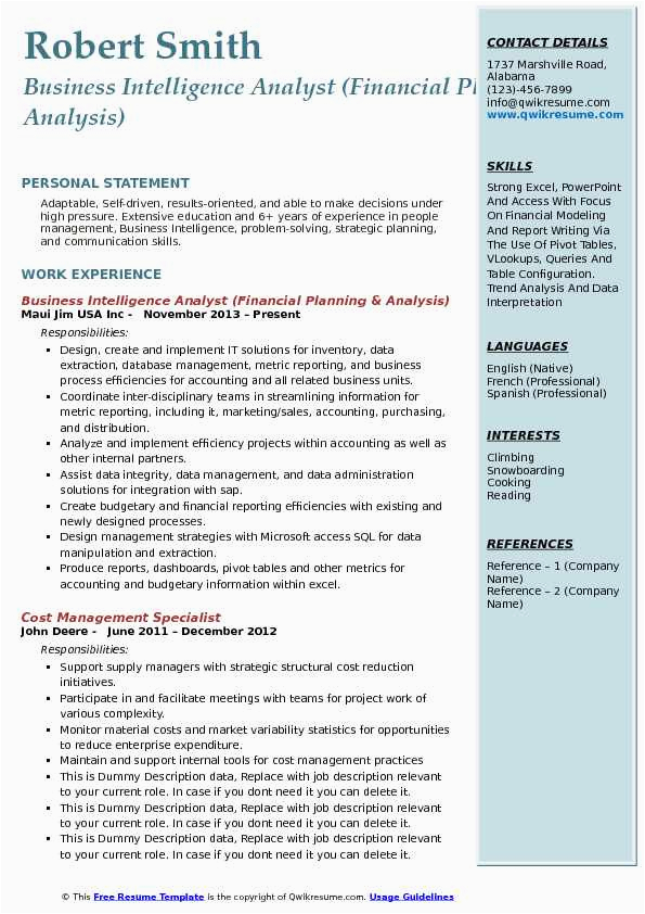 Sample Resume Of Business Intelligence Analyst Business Intelligence Analyst Resume Samples
