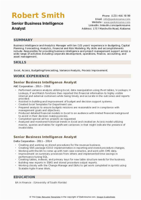 Sample Resume Of Business Intelligence Analyst Senior Business Intelligence Analyst Resume Samples