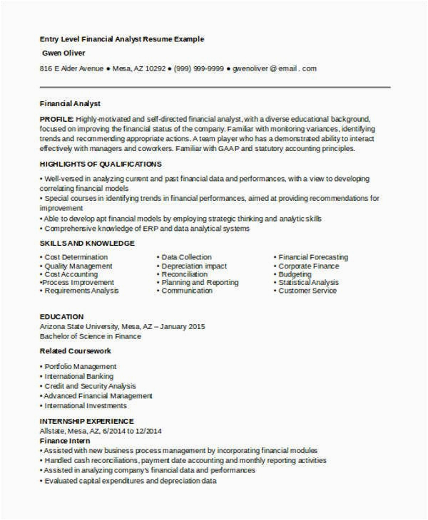 Sample Resumes for Financial Entry Level Positions 22 Best Finance Resume Templates Pdf Doc