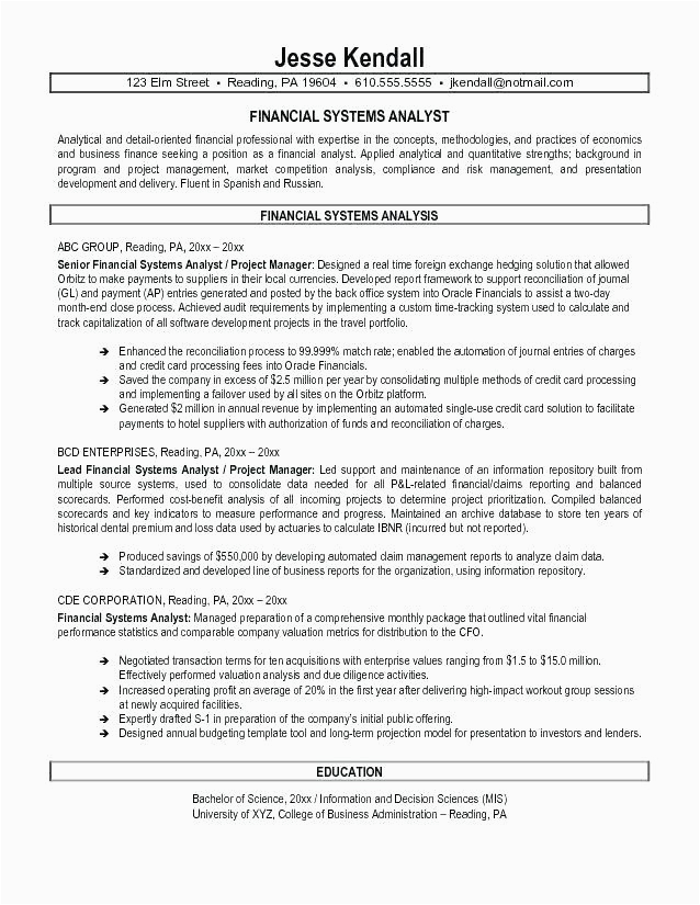 Sample Resumes for Financial Entry Level Positions Entry Level Financial Analyst Resume