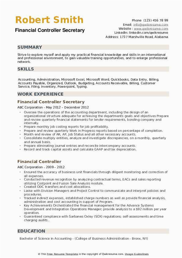 Sample Resumes for Financial Secretary Positions Financial Controller Resume Samples