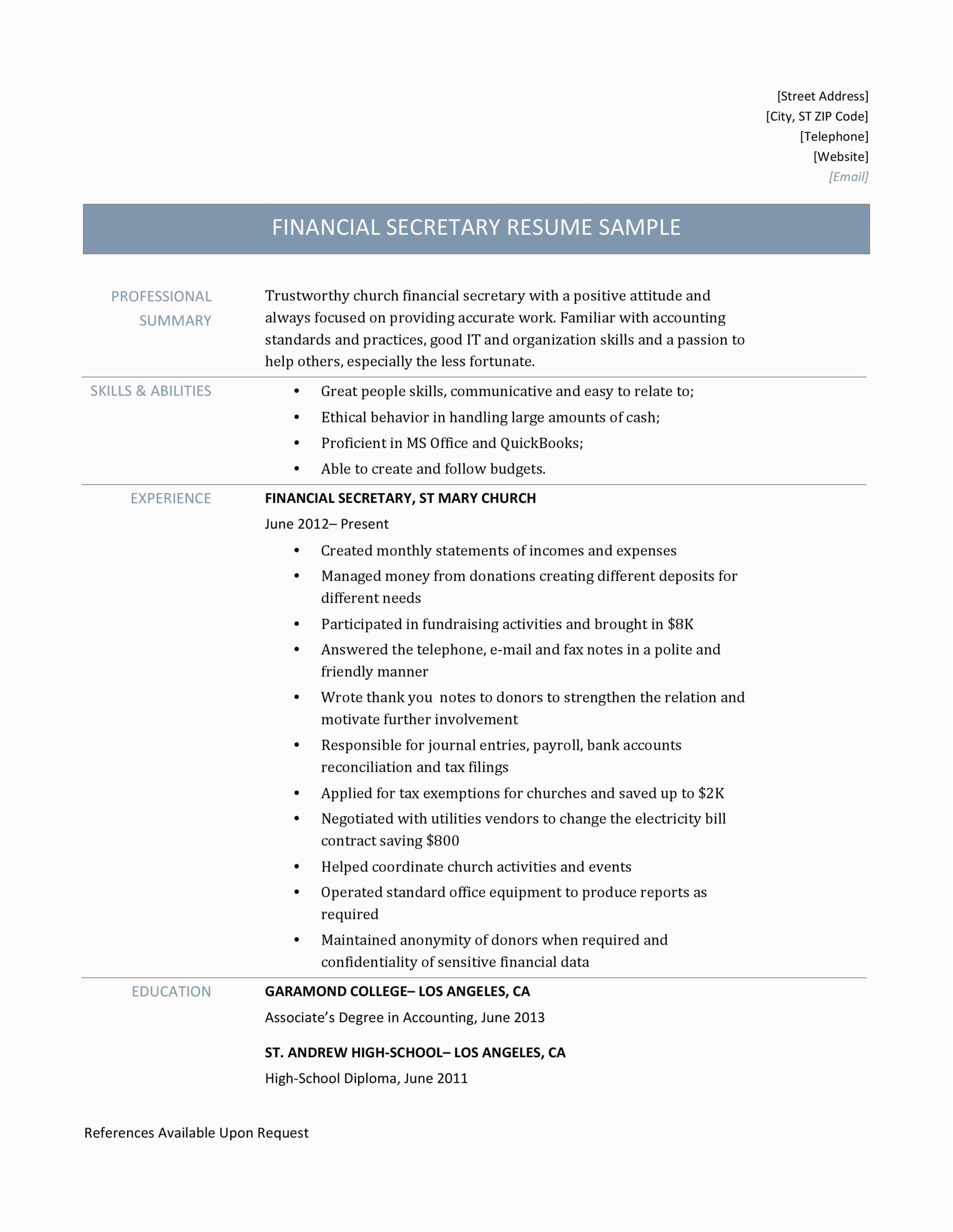 Sample Resumes for Financial Secretary Positions Financial Secretary Resume Sample by Line Resume Builders