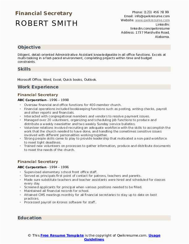 Sample Resumes for Financial Secretary Positions Financial Secretary Resume Samples