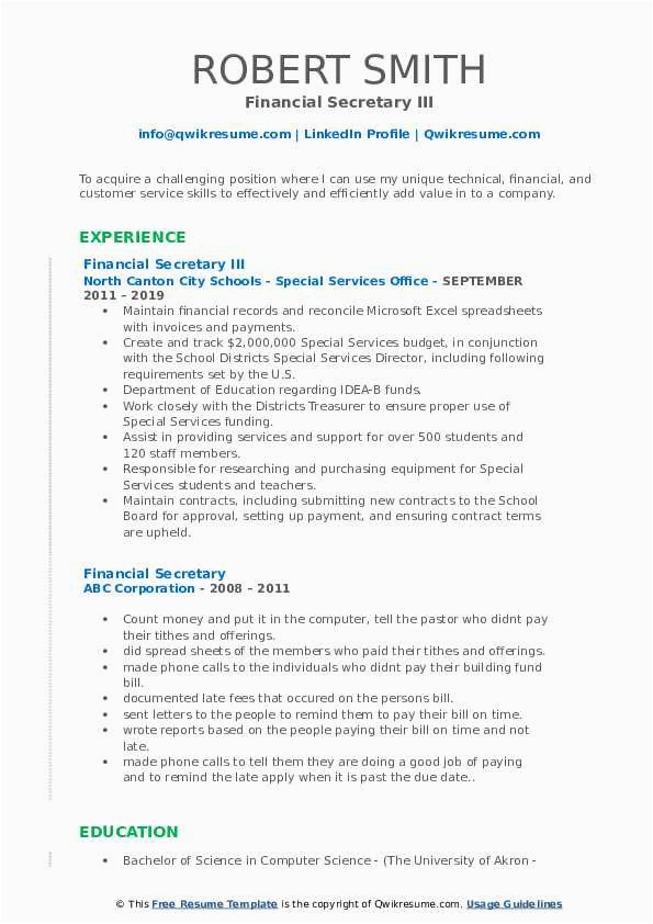 Sample Resumes for Financial Secretary Positions Financial Secretary Resume Samples