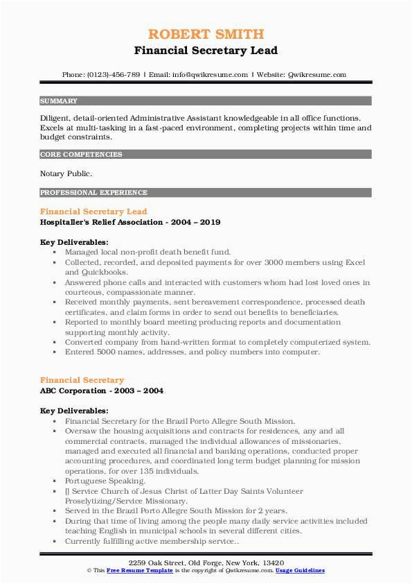 Sample Resumes for Financial Secretary Positions Financial Secretary Resume Samples