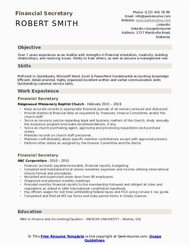 Sample Resumes for Financial Secretary Positions Financial Secretary Resume Samples