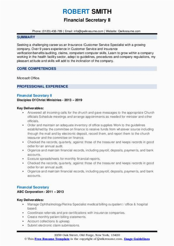 Sample Resumes for Financial Secretary Positions Financial Secretary Resume Samples