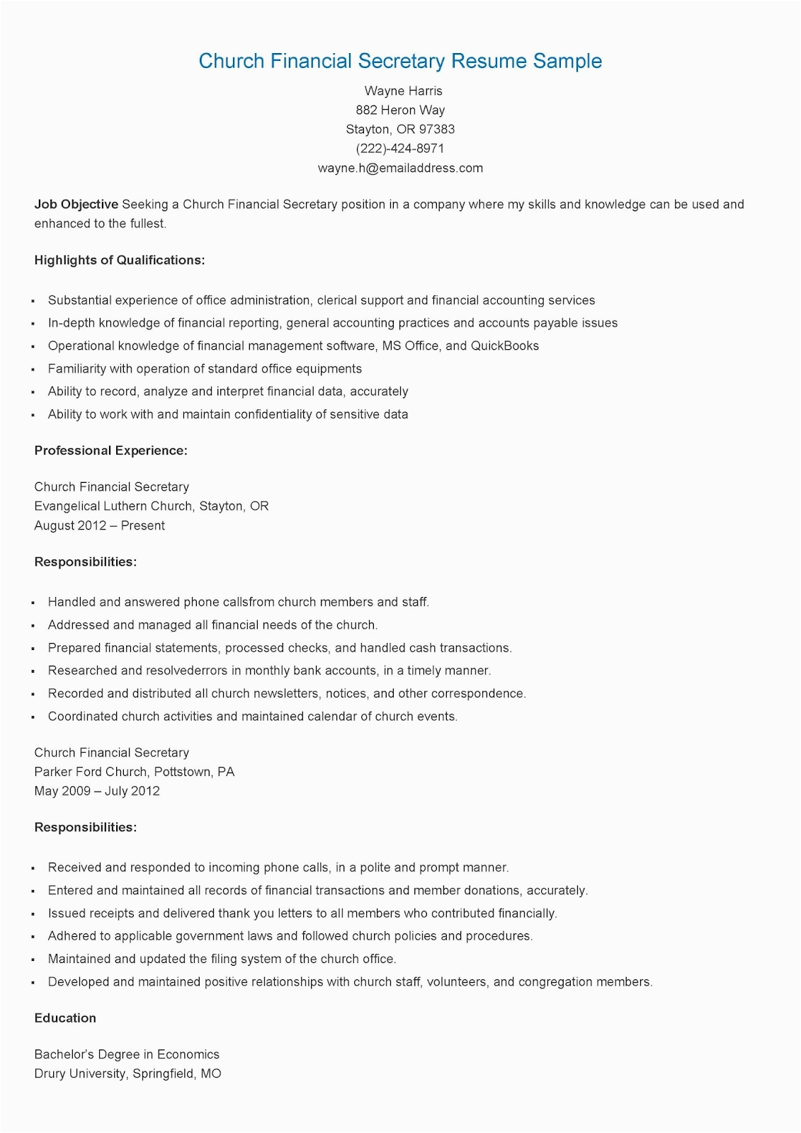 Sample Resumes for Financial Secretary Positions Resume Samples Church Financial Secretary Resume Sample