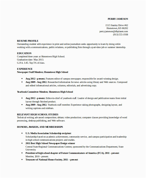 Sample School Resume for High School Applications 8 High School Student Resume Samples