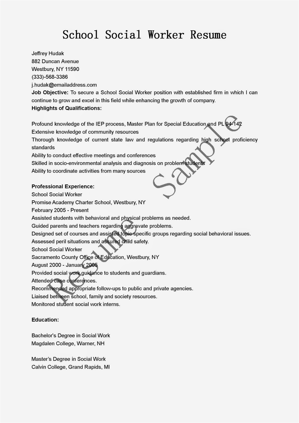 Social Work Student Objective Resume Samples Resume Samples School social Worker Resume Sample