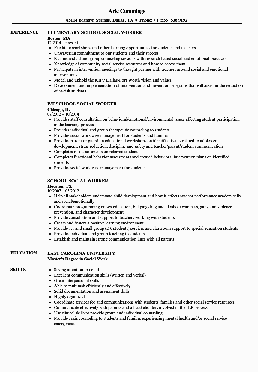 Social Work Student Objective Resume Samples School social Work Resume Free Resume Templates