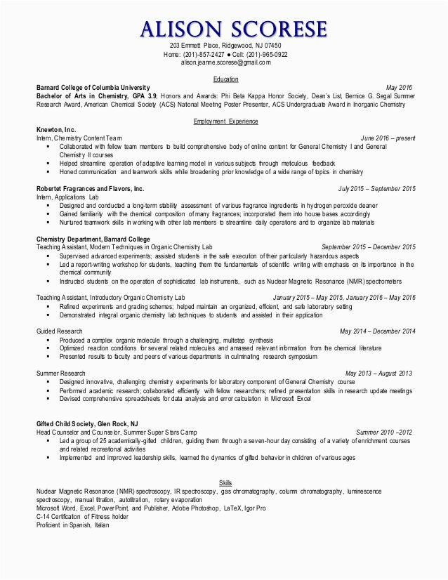 Teacher College Columbia University Resume Sample Alison Scorese Resume August 2016