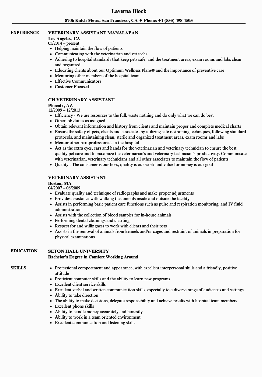 Veterinary assistant Resume Sample with No Experience Veterinary assistant Resume