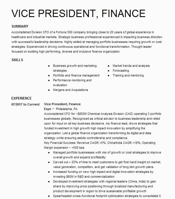 Vice President Of Finance Resume Sample Vice President Finance Resume Example Pany Name Shelburne Vermont