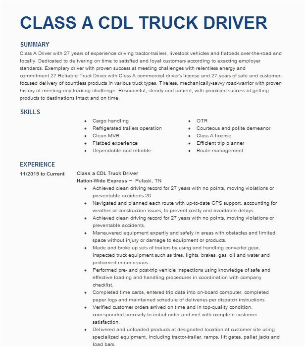 Cdl Class A Truck Driver Resume Sample Class A Truck Driver Resume Example Grane Transportation Chicago