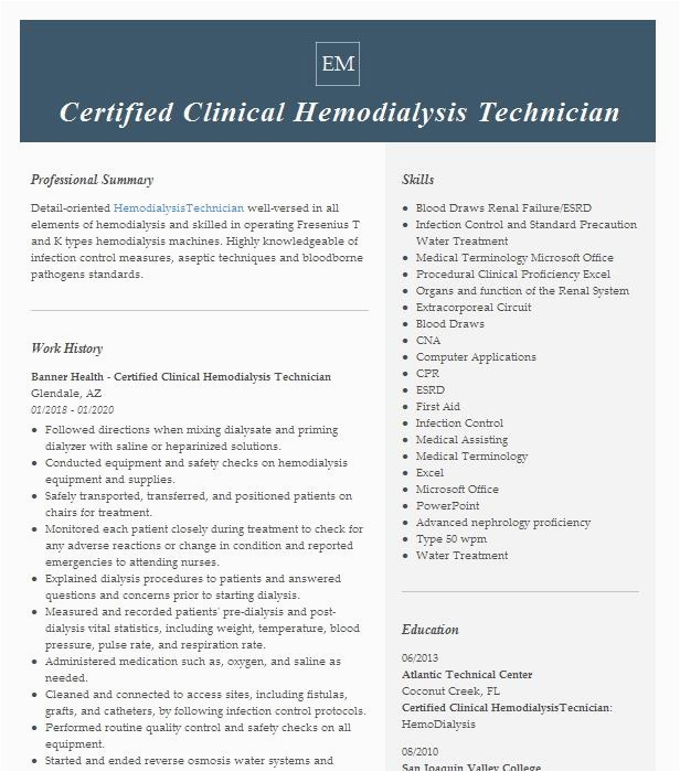 Certified Clinical Hemodialysis Technician On Resume Sample Certified Clinical Hemodialysis Technician Registered Nurse Resume